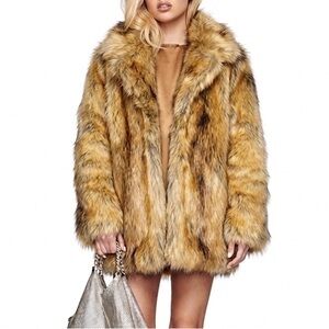 H&M 2 Faux Fur Coat Brown Tan Red Fox Pocket Vintage